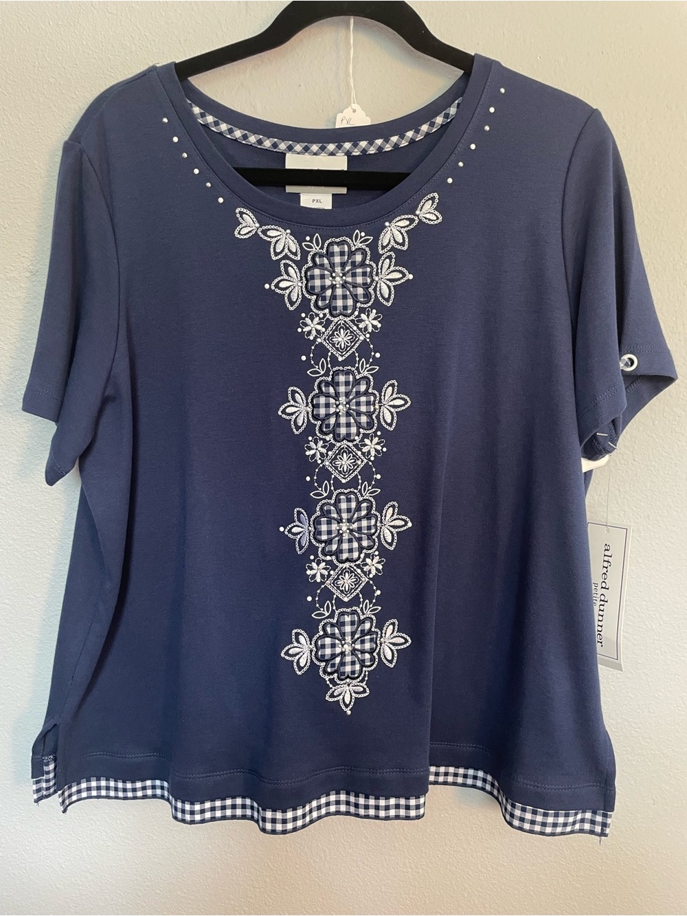 Alfred Dunner Petite PXL Navy Gingham Floral Embellished Top NWT